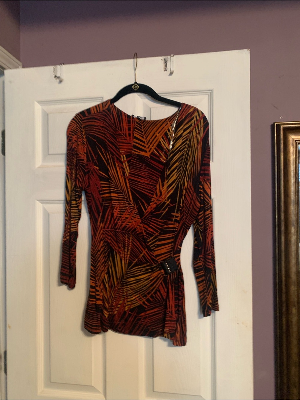 Premise Palm-Print Surplice Long Sleeve Top in Rust & Black